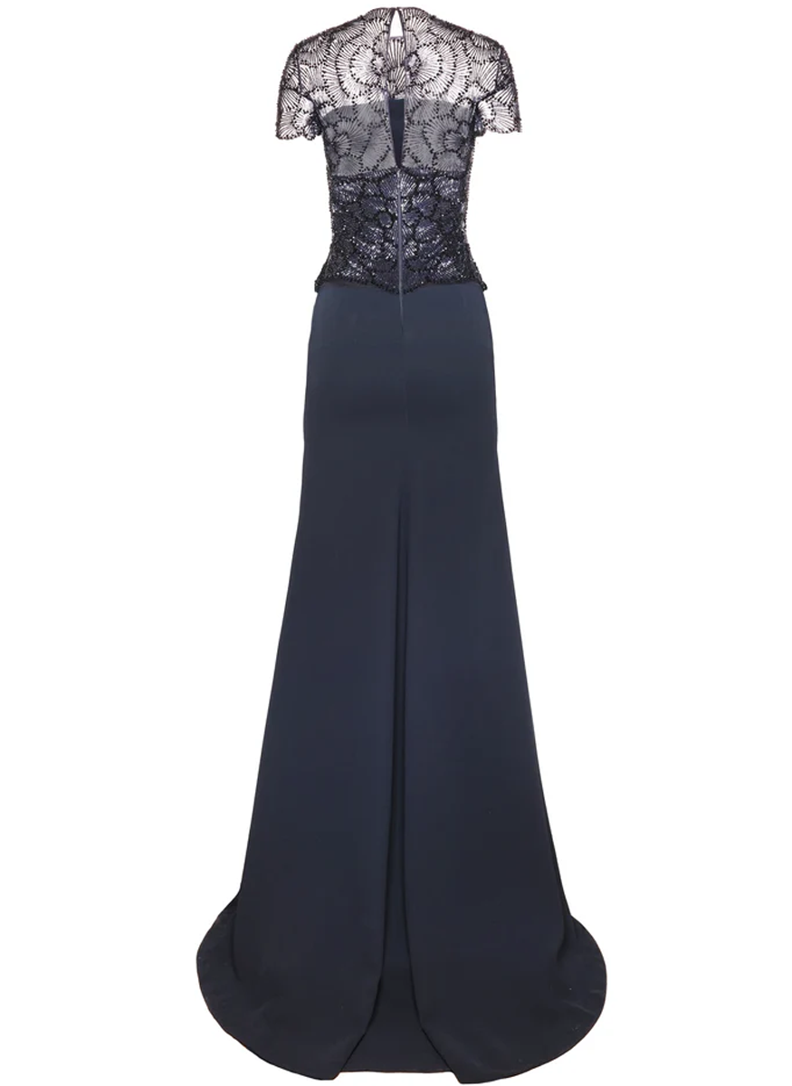 Beaded Bodice Cap Sleeve Fit-and-Flare Crepe Gown - Naeem Khan