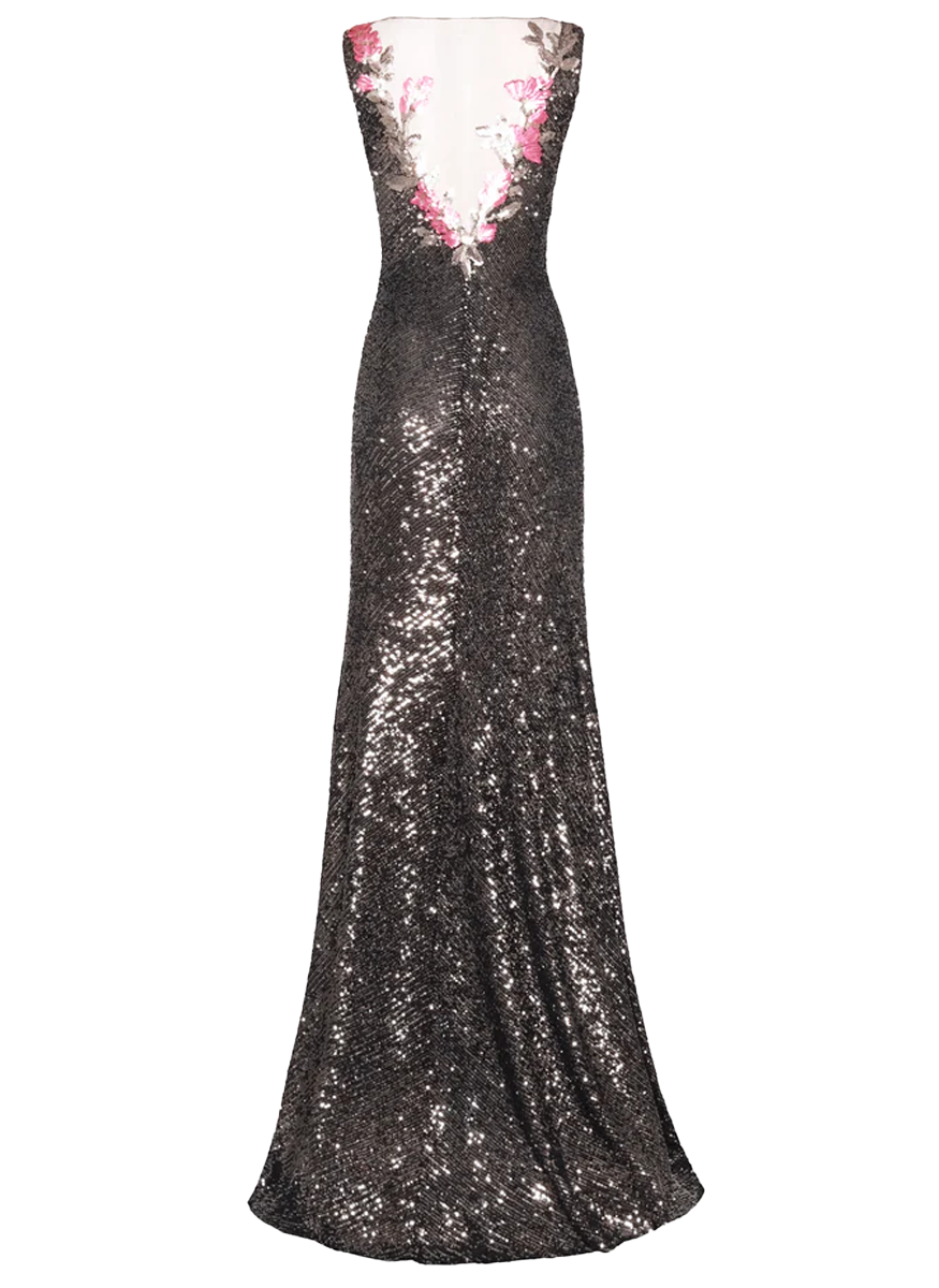 Floral Applique Stretch Sequin V-Neck Gown - Naeem Khan