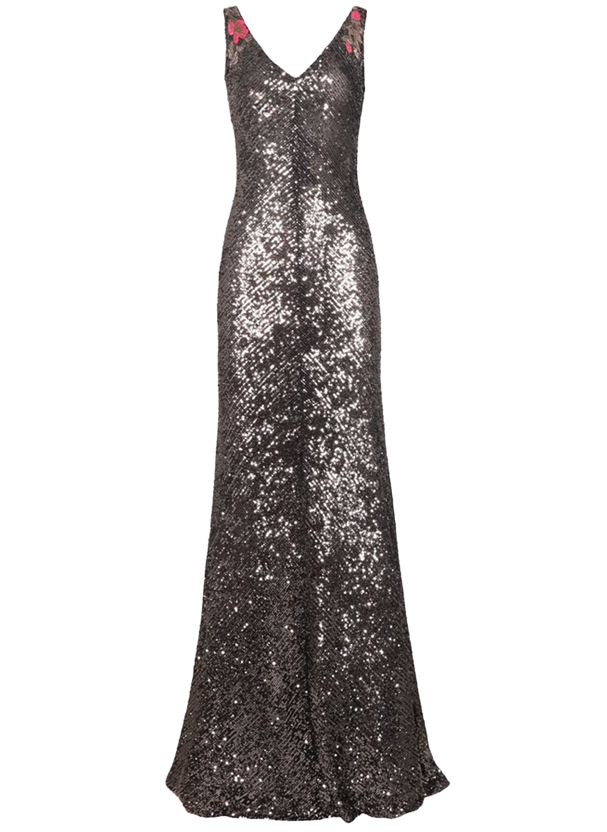 Floral Applique Stretch Sequin V-Neck Gown - Naeem Khan