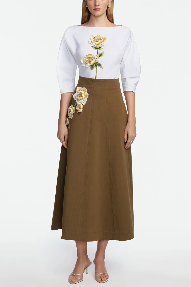 3D Peony Embroidered Cotton Poplin Top - Lela Rose