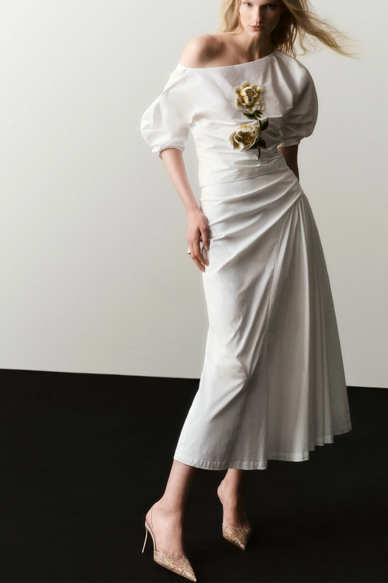 3D Peony Embroidered Cotton Poplin Top