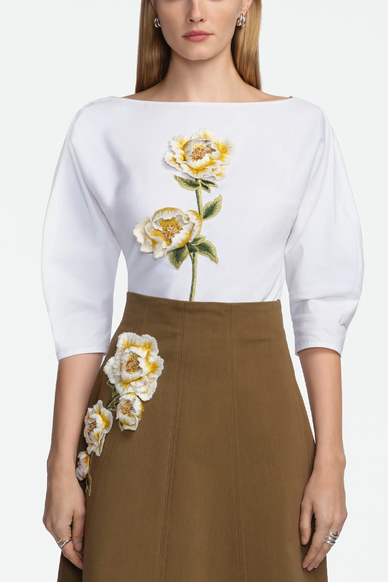 3D Peony Embroidered Cotton Poplin Top - Lela Rose