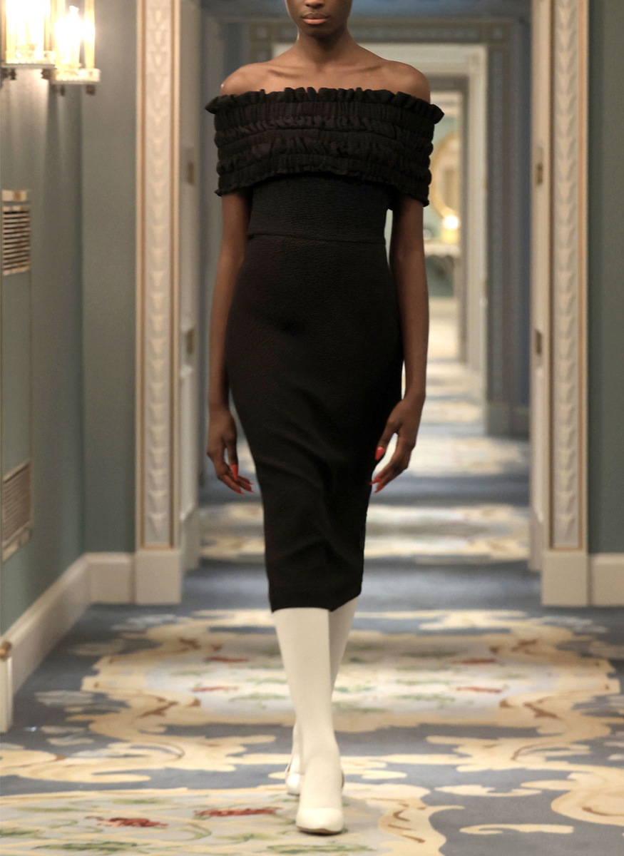 Philomela Ruche Dress in Bubble Jacquard - Edeline Lee