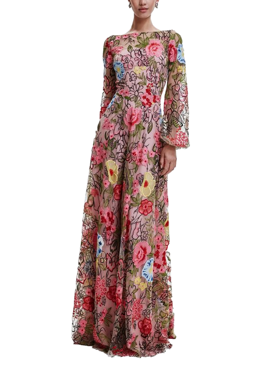 Floral Lace Boat Neck Gown with Full Sleeves