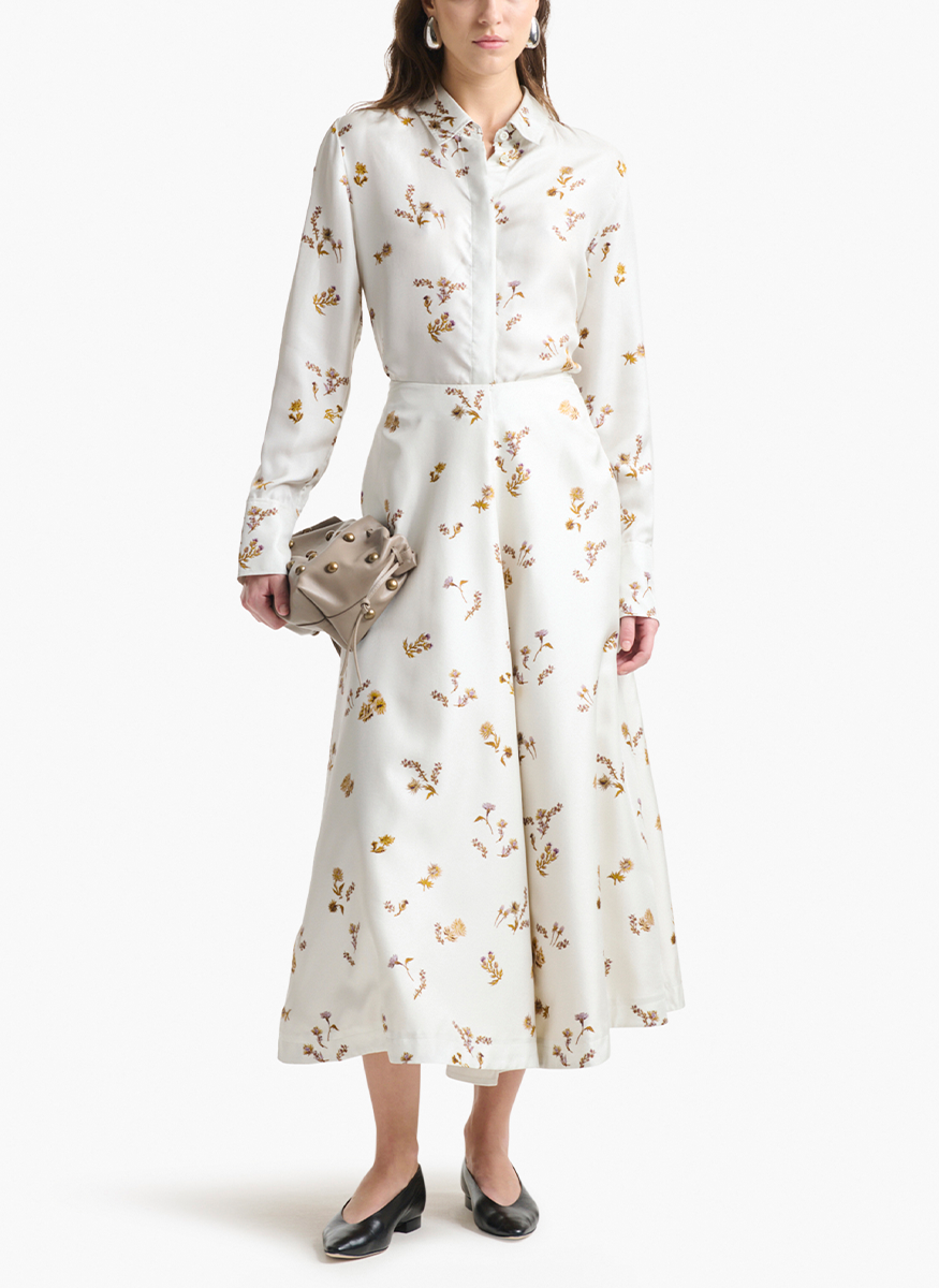 Varda Skirt in Silk Macadamia Shibori Flower Print