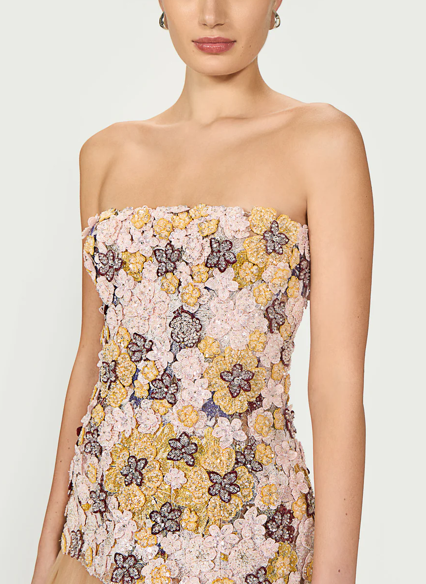 Thia Embroidered Tulle Strapless Dress - Costarellos