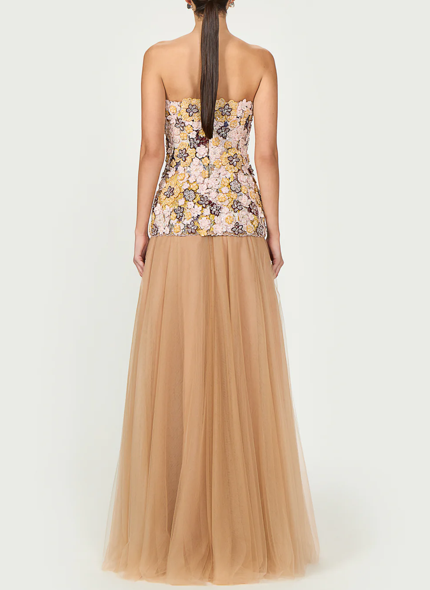 Thia Embroidered Tulle Strapless Dress - Costarellos