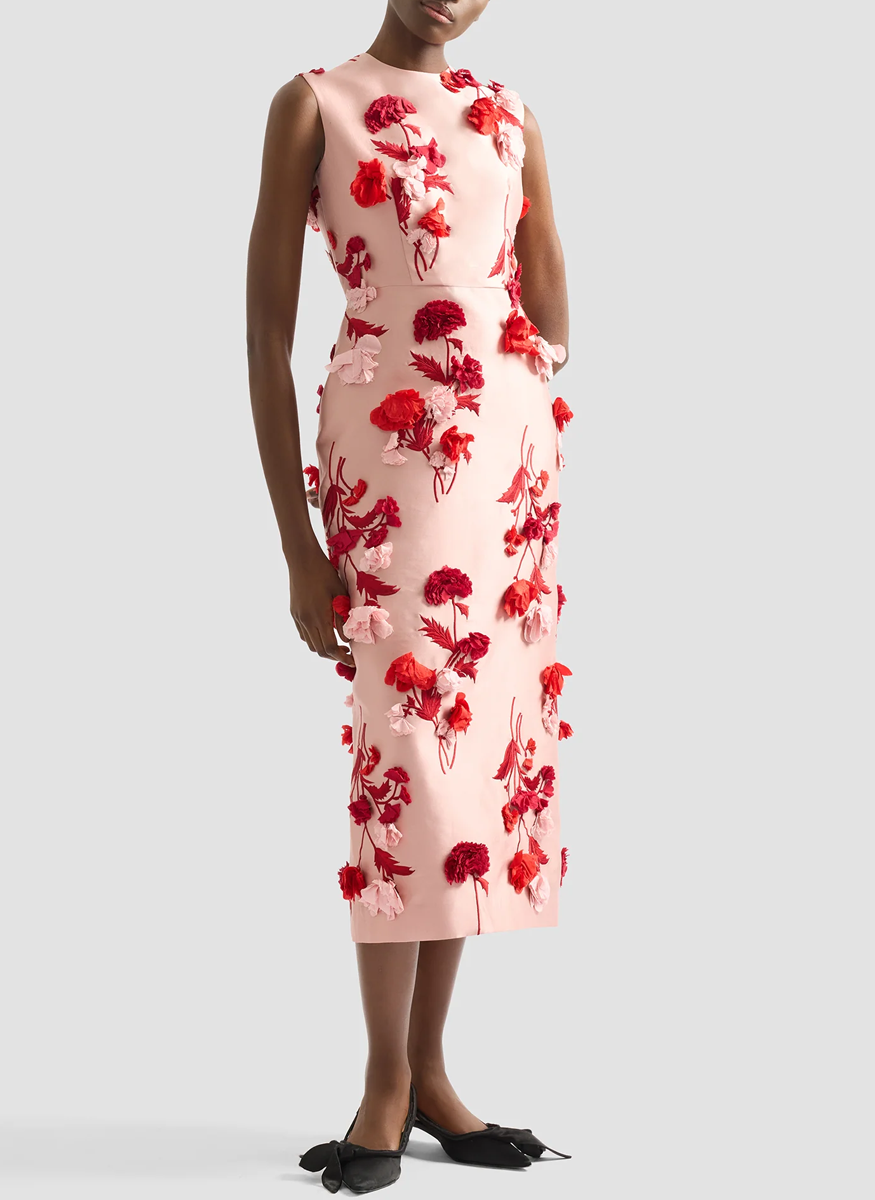 Floral Embroidered Mikado Sleeveless Midi Dress