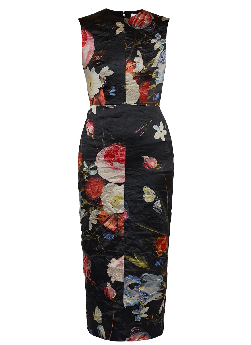 Floral Print Textured Satin Sleeveless Midi Dress