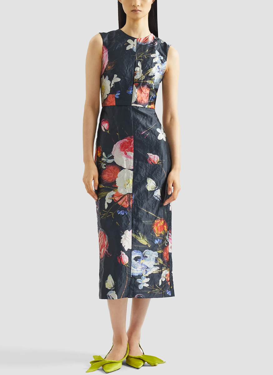 Floral Print Textured Satin Sleeveless Midi Dress
