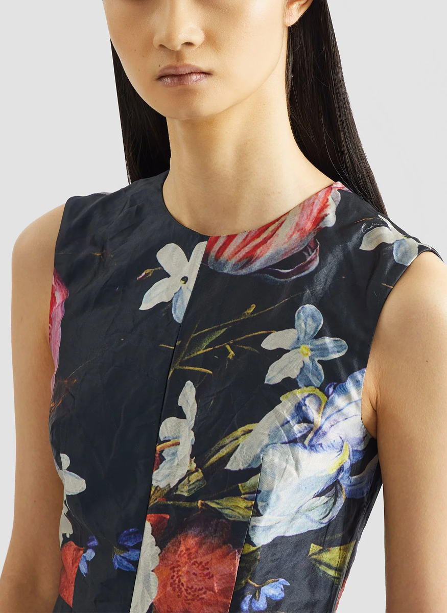 Floral Print Textured Satin Sleeveless Midi Dress - Erdem