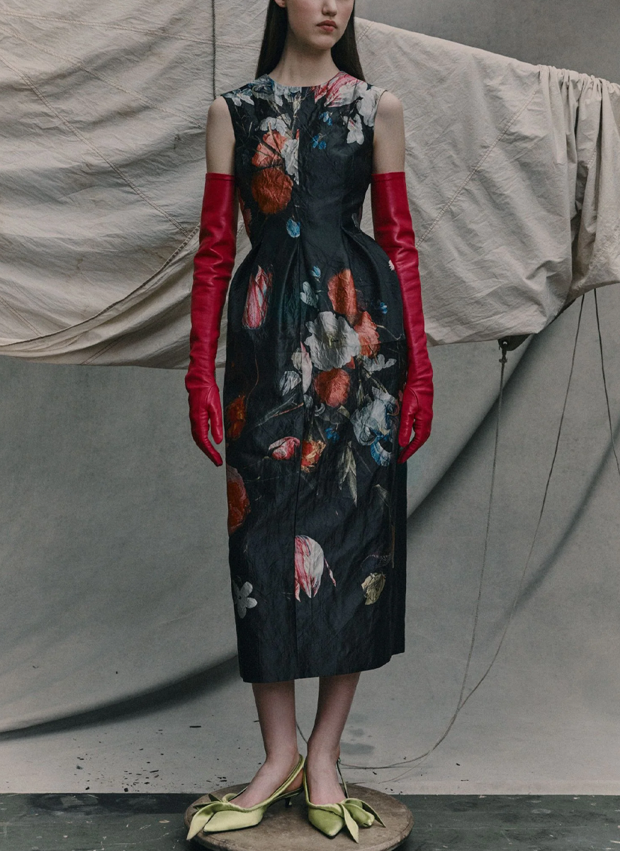 Floral Print Textured Satin Sleeveless Midi Dress - Erdem