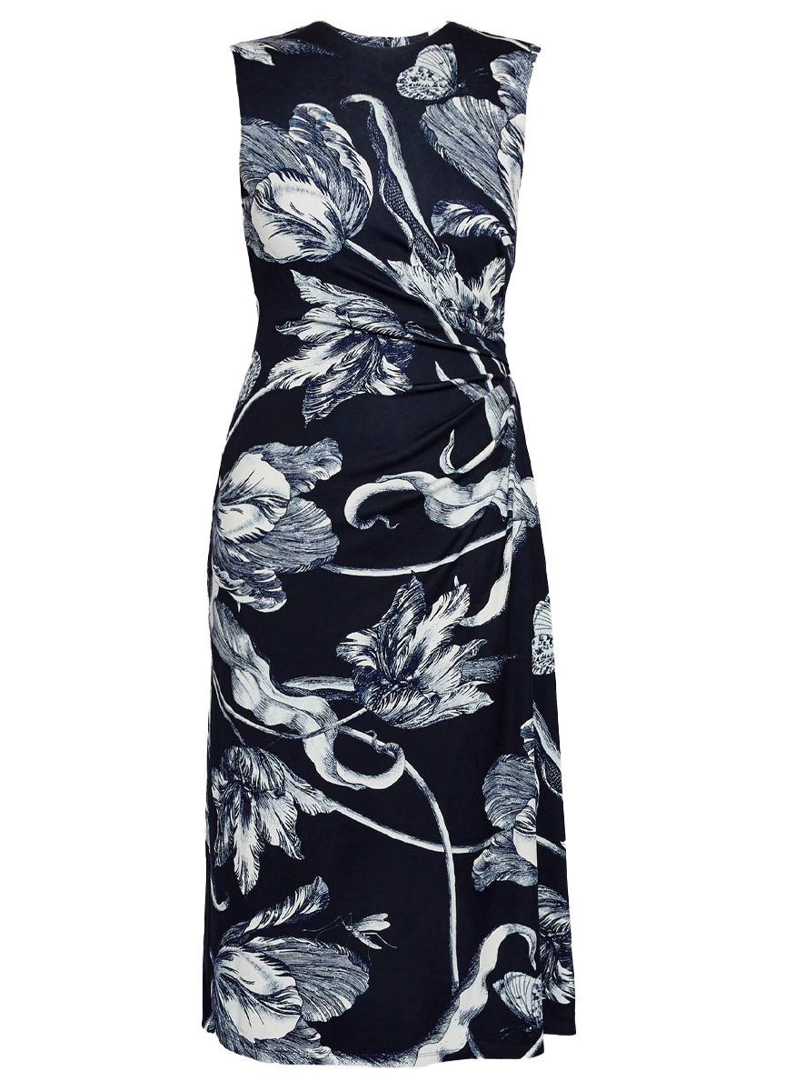Floral Print Ponte Jersey Sleeveless Midi Dress