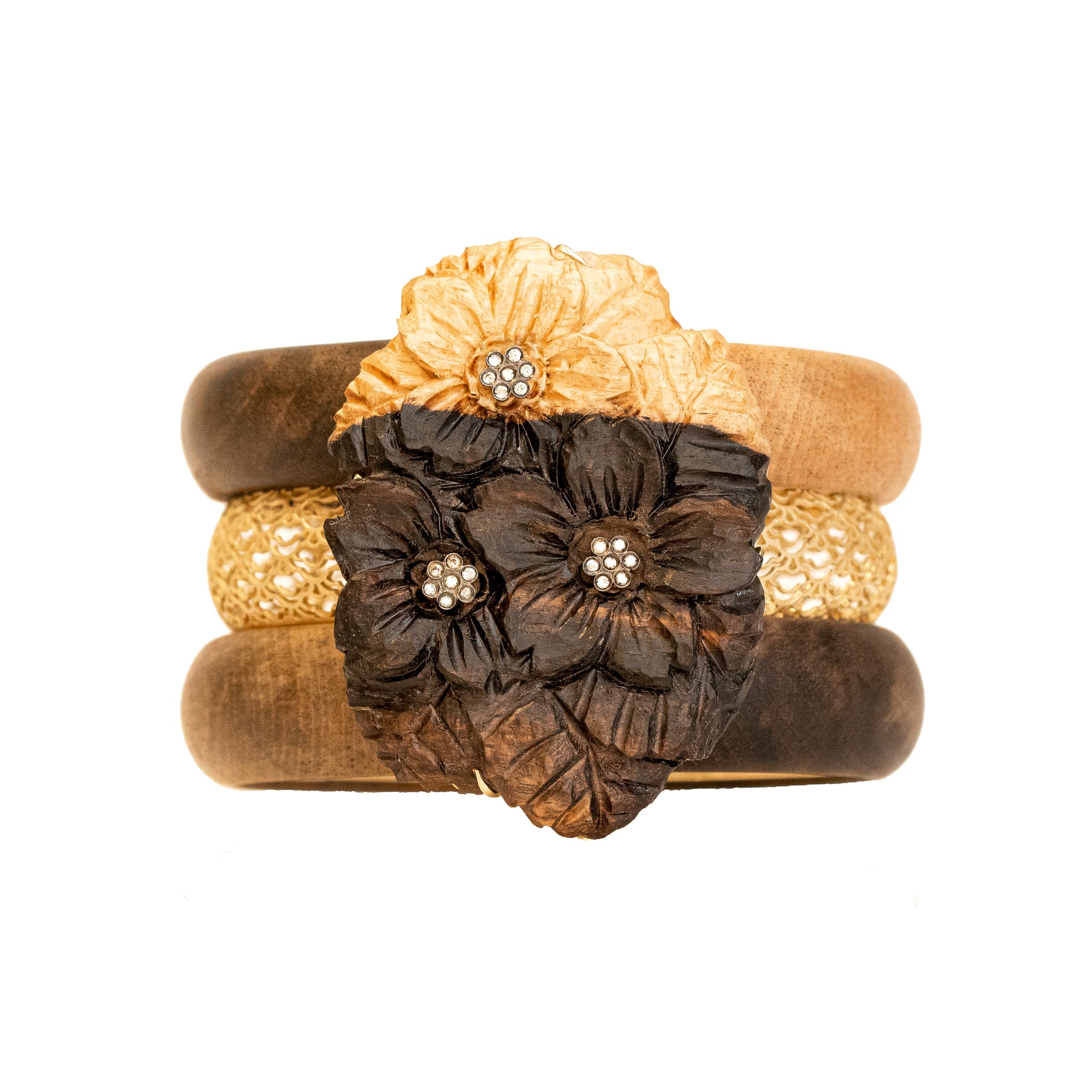 Wood And Diamond Flower Cuff