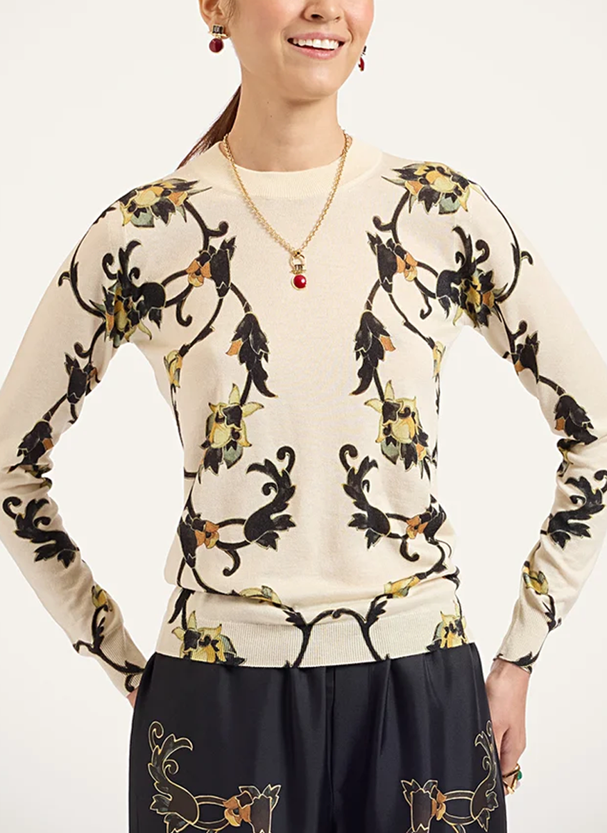 Silky Crew Neck Buttercup Placée White in Silk Cashmere Blend - La DoubleJ