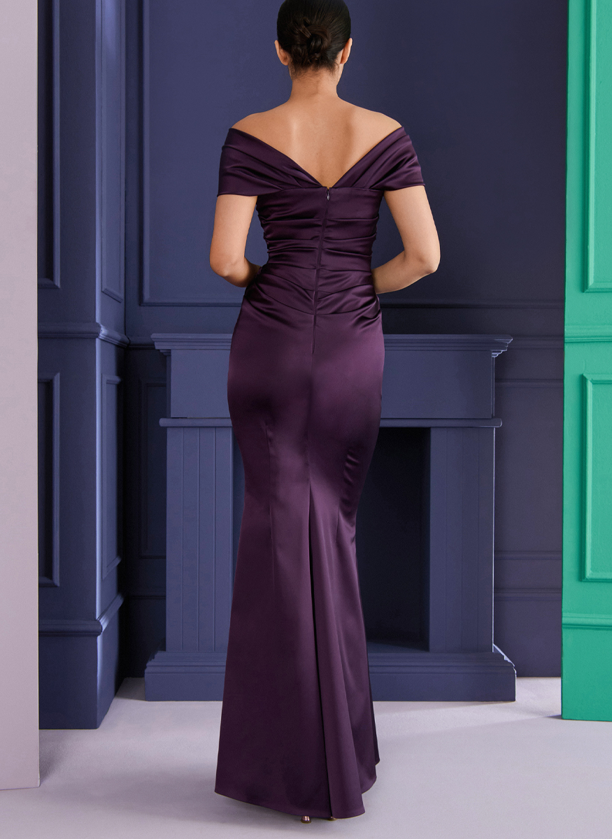 Stretch Satin Off-Shoulder Gown in Claret Purple