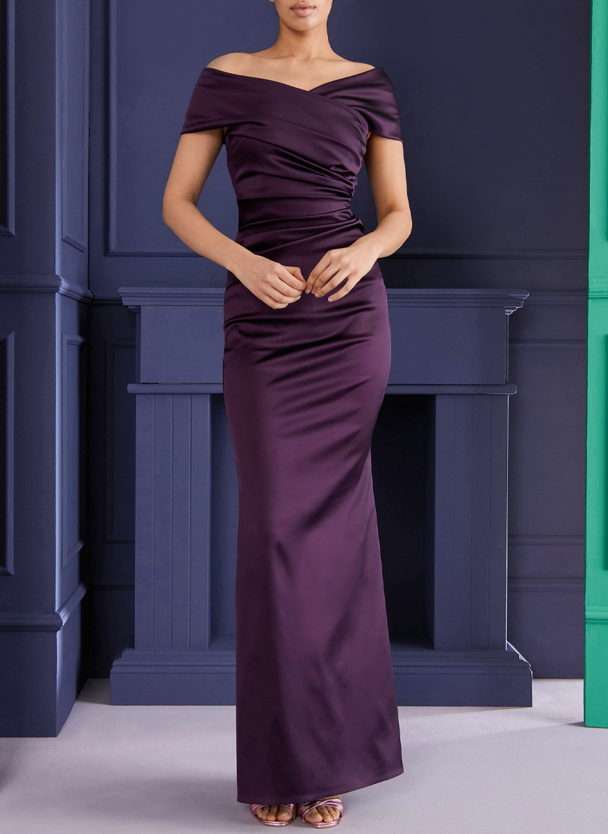 Stretch Satin Off-Shoulder Gown in Claret Purple