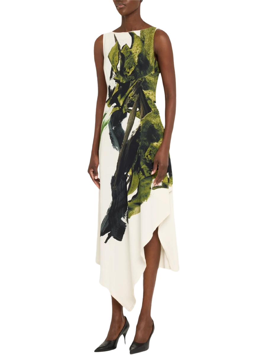 Boatneck Fit And Flare Crepe Dress with Brushstroke