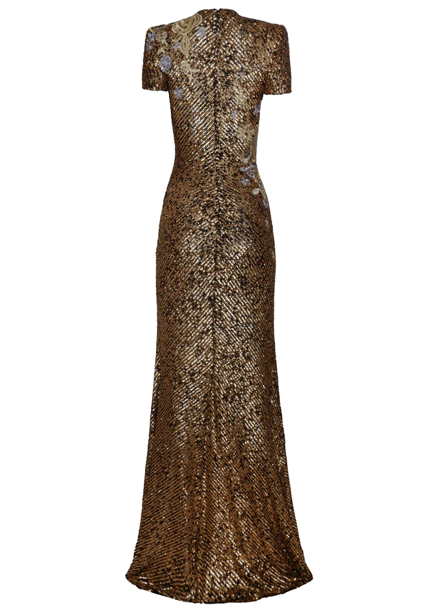 Stretch Sequin Short Sleeve Floral Applique Gown