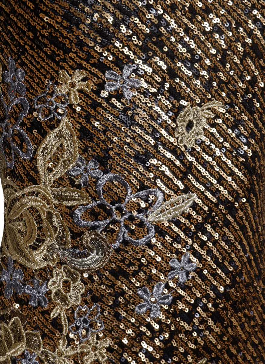 Stretch Sequin Short Sleeve Floral Applique Gown - Naeem Khan