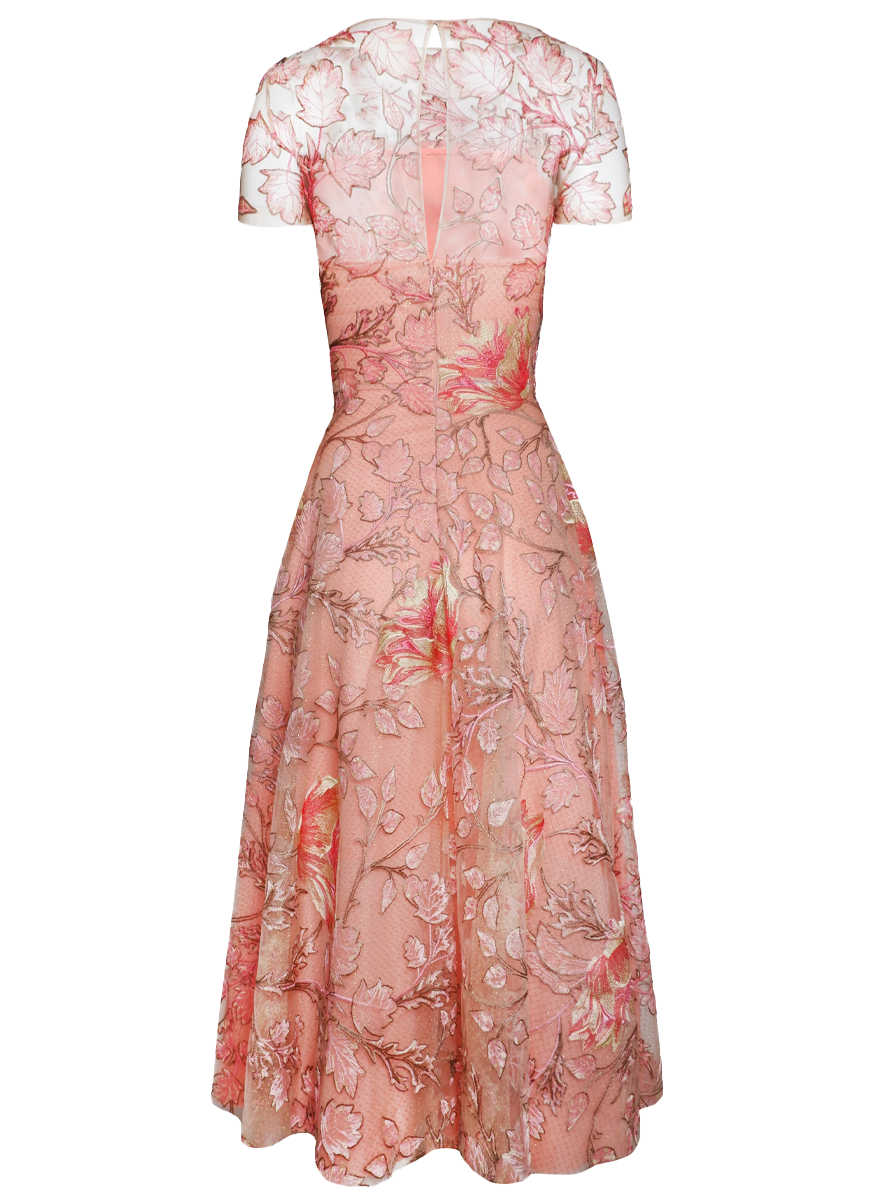 Floral Short Sleeve Illusion Neckline Cocktail Dress