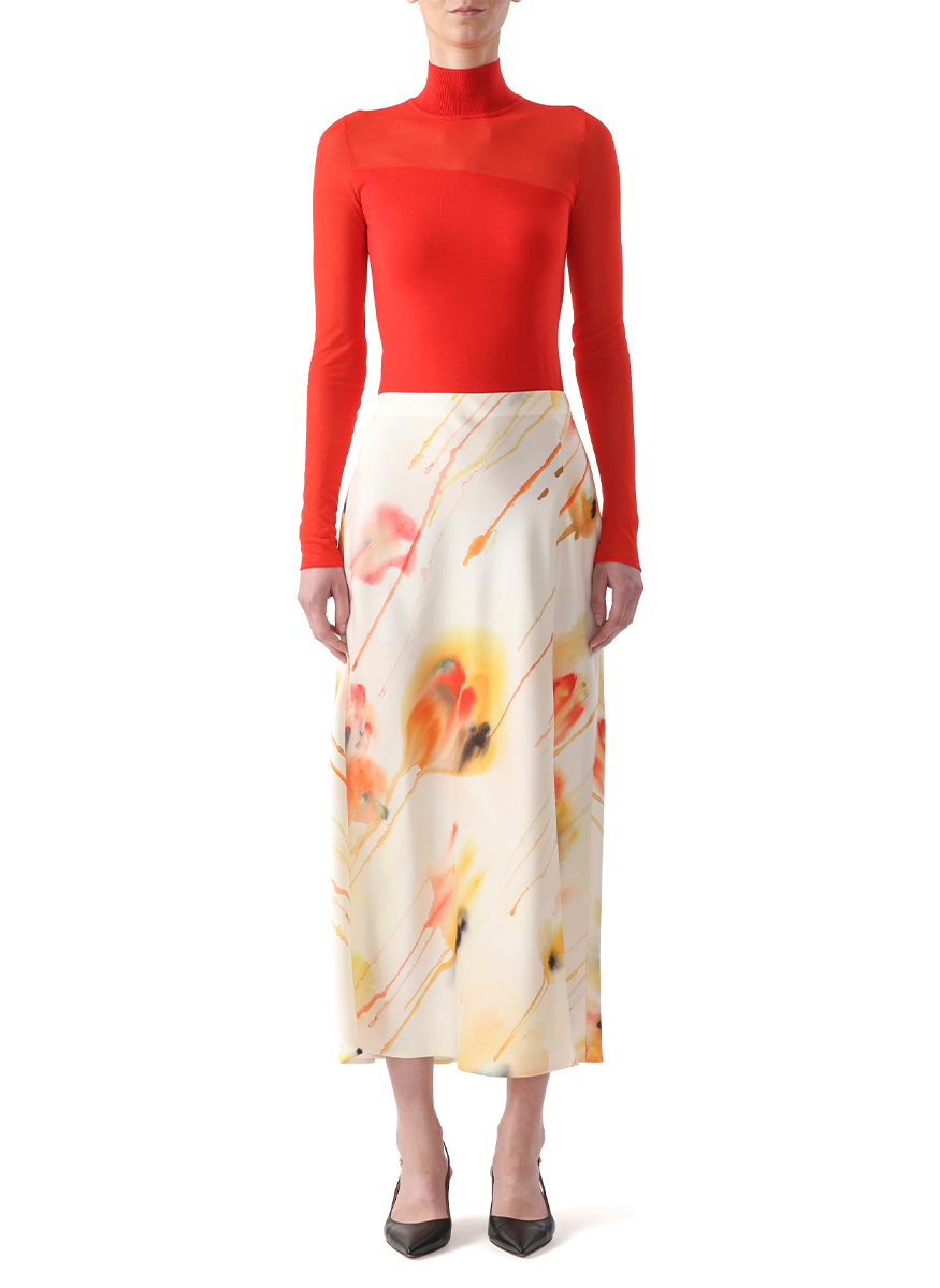 Washed Satin Watercolor Floral Bias Pencil Skirt