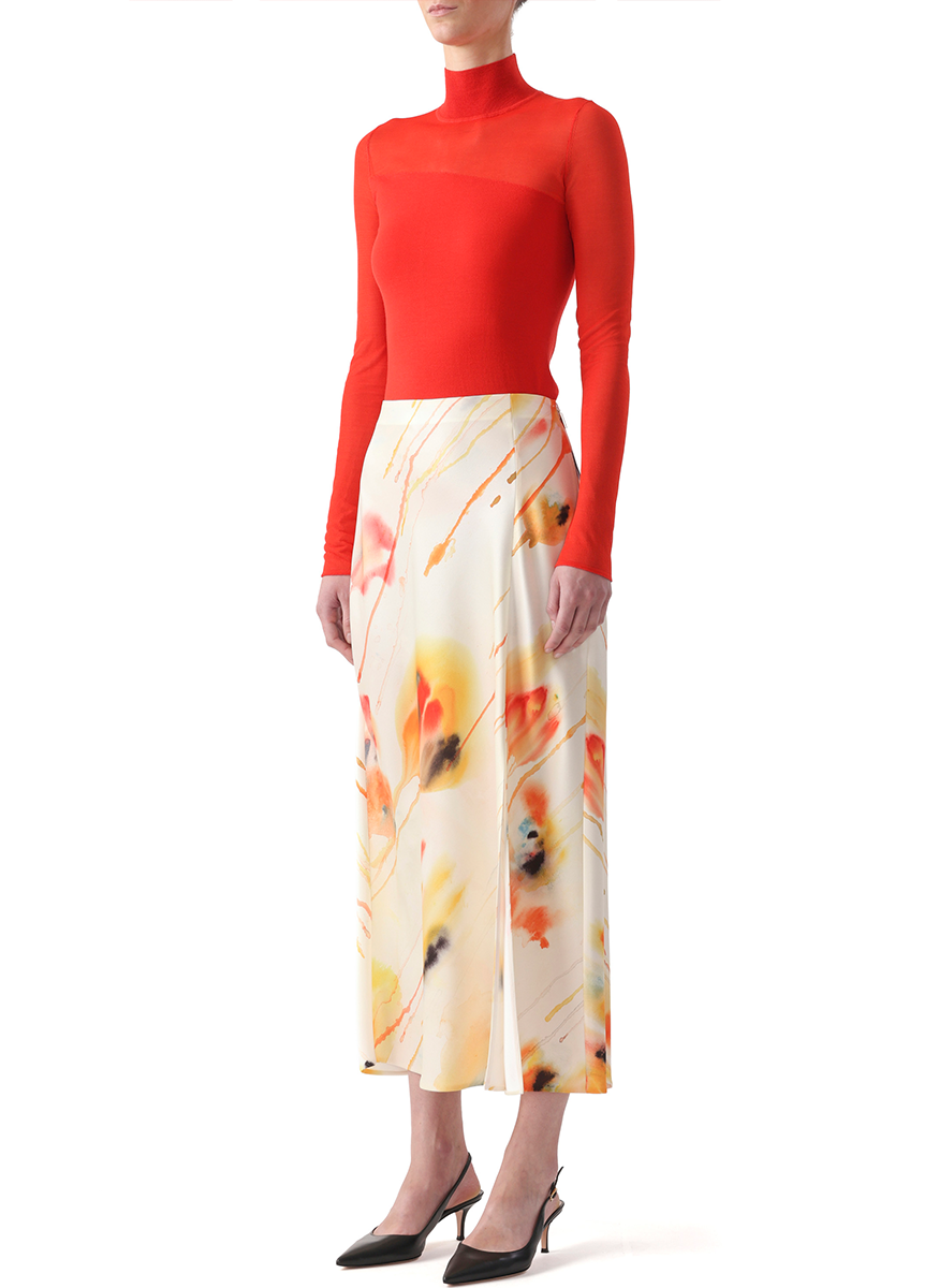 Washed Satin Watercolor Floral Bias Pencil Skirt