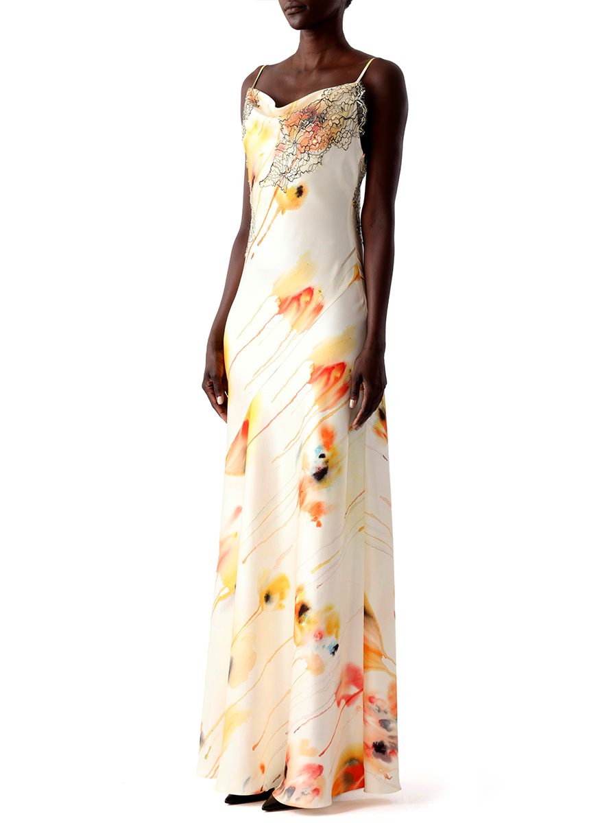 Watercolor Floral Bias Slip Gown with Lace