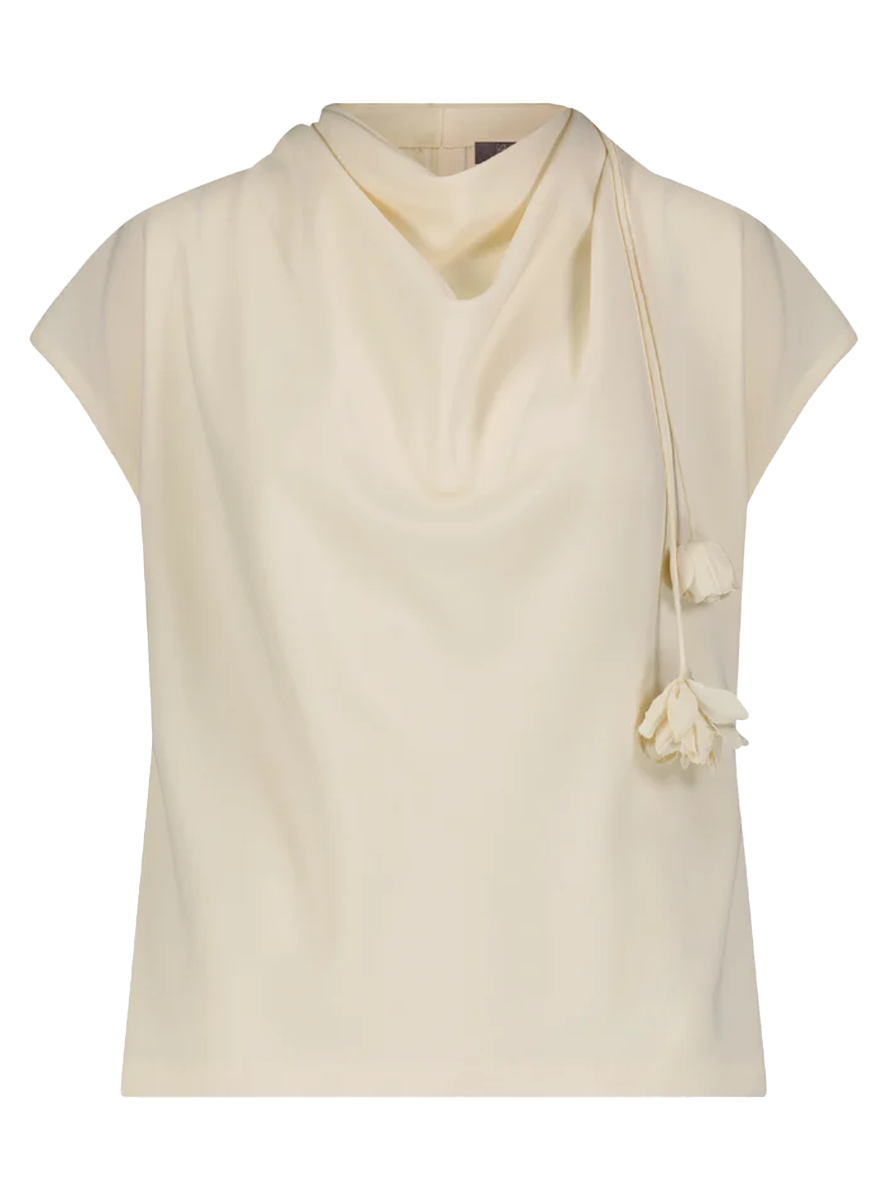 Fluid Crepe Drop Flower Cowl Neck Top