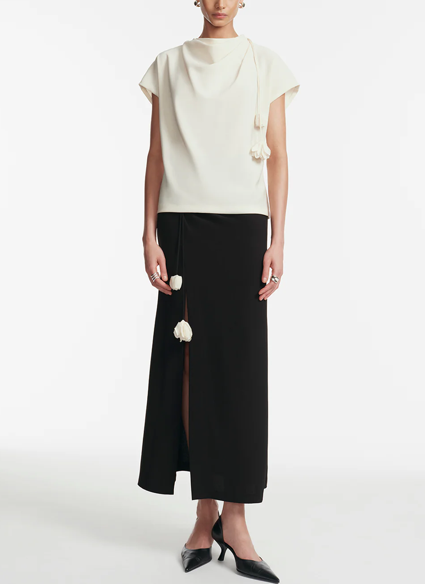Fluid Crepe Drop Flower Ruched Skirt