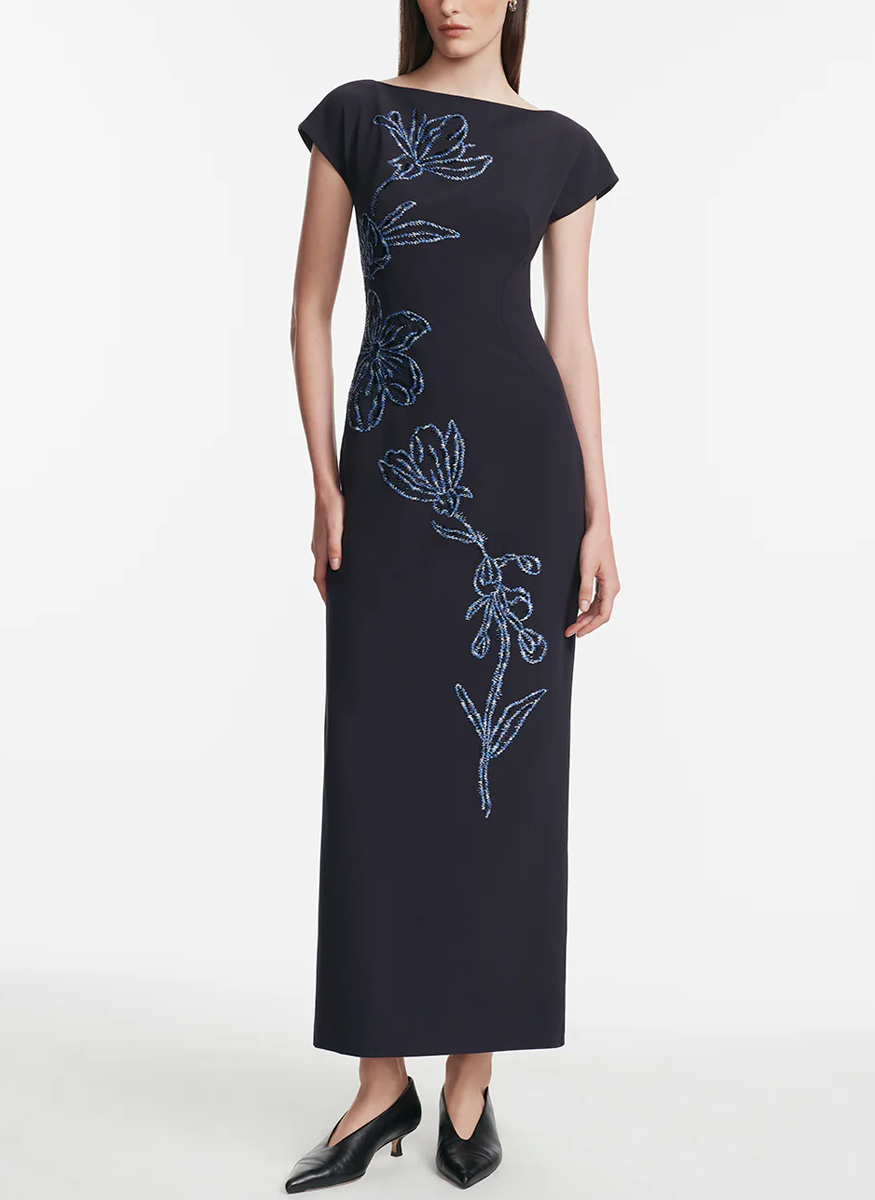 Ikat Floral Embroidered Fluid Crepe Dress - Lela Rose