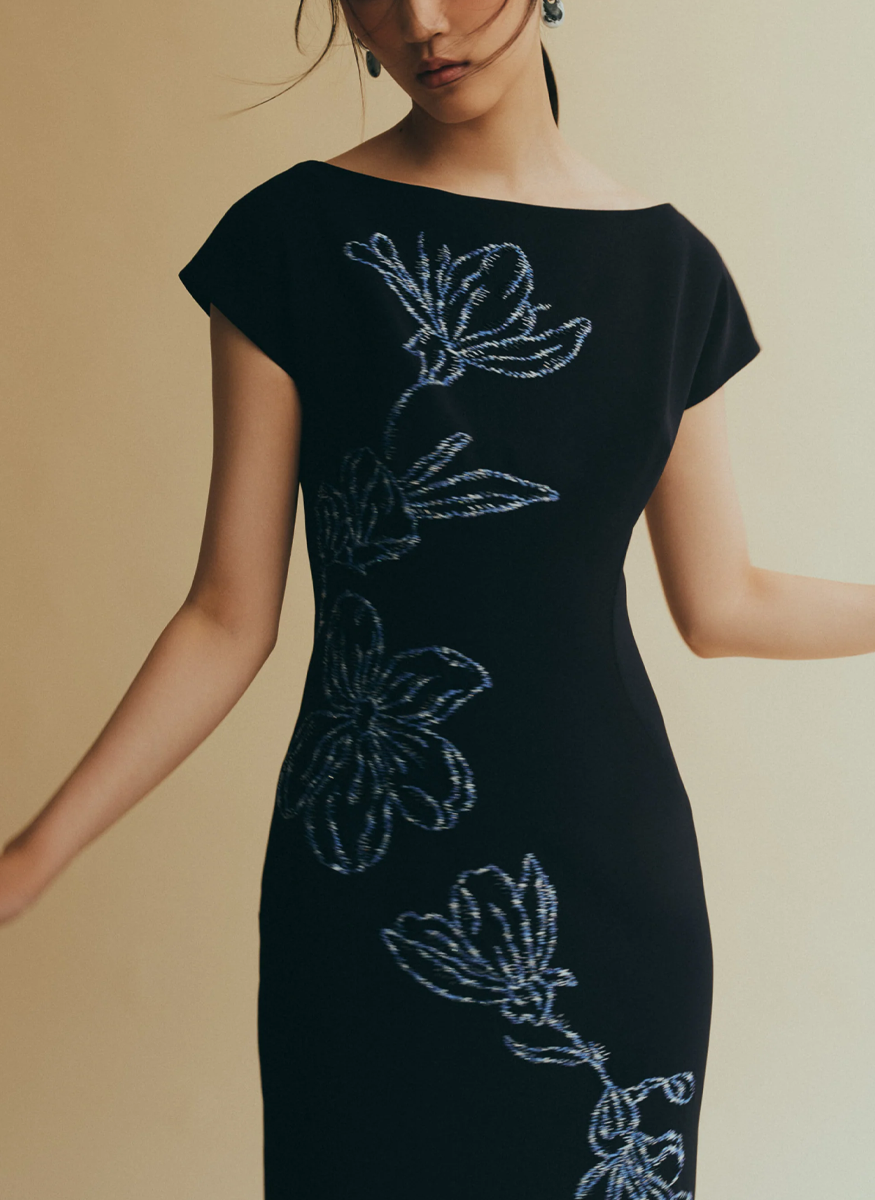 Ikat Floral Embroidered Fluid Crepe Dress - Lela Rose