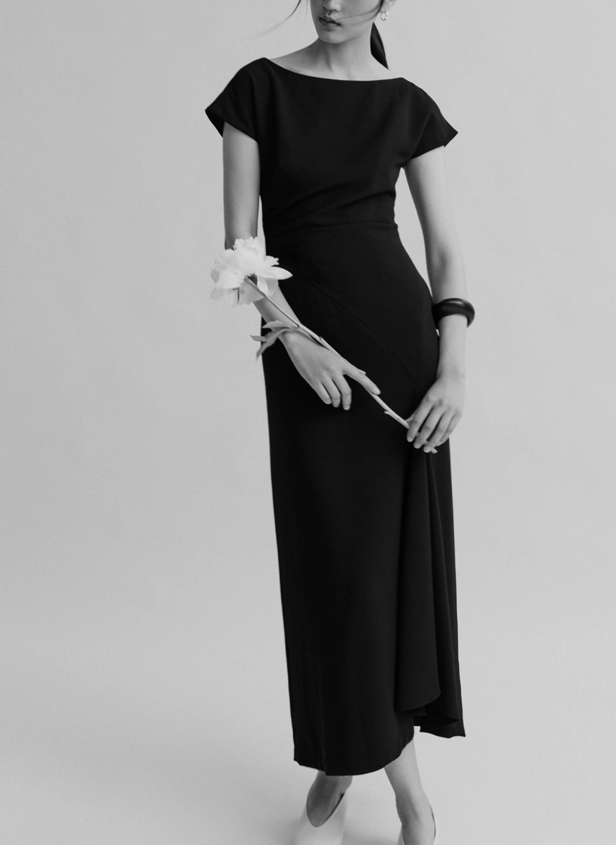 Fluid Crepe Cascade Dress