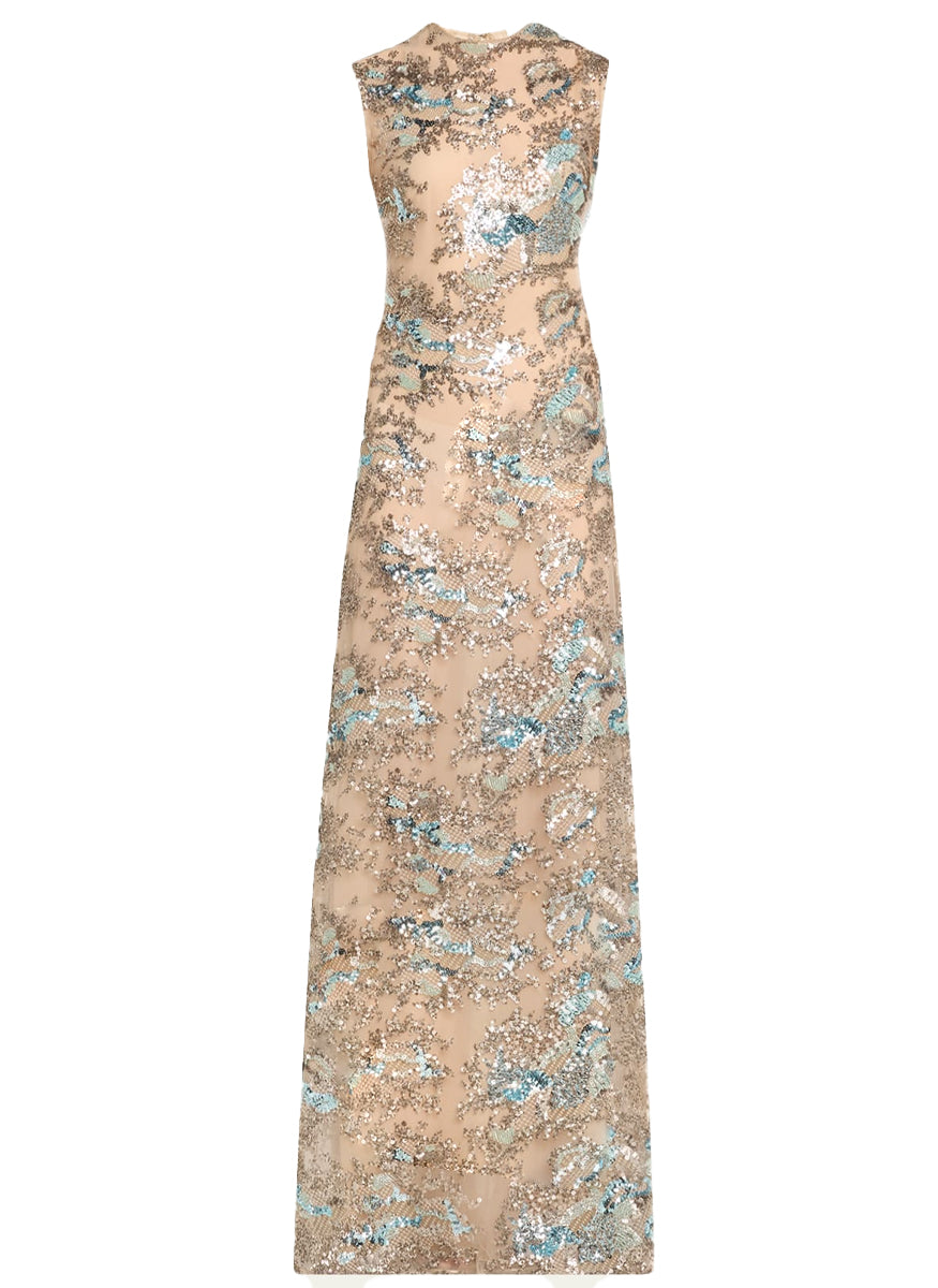 Sleeveless Metallic Embroidered Gown