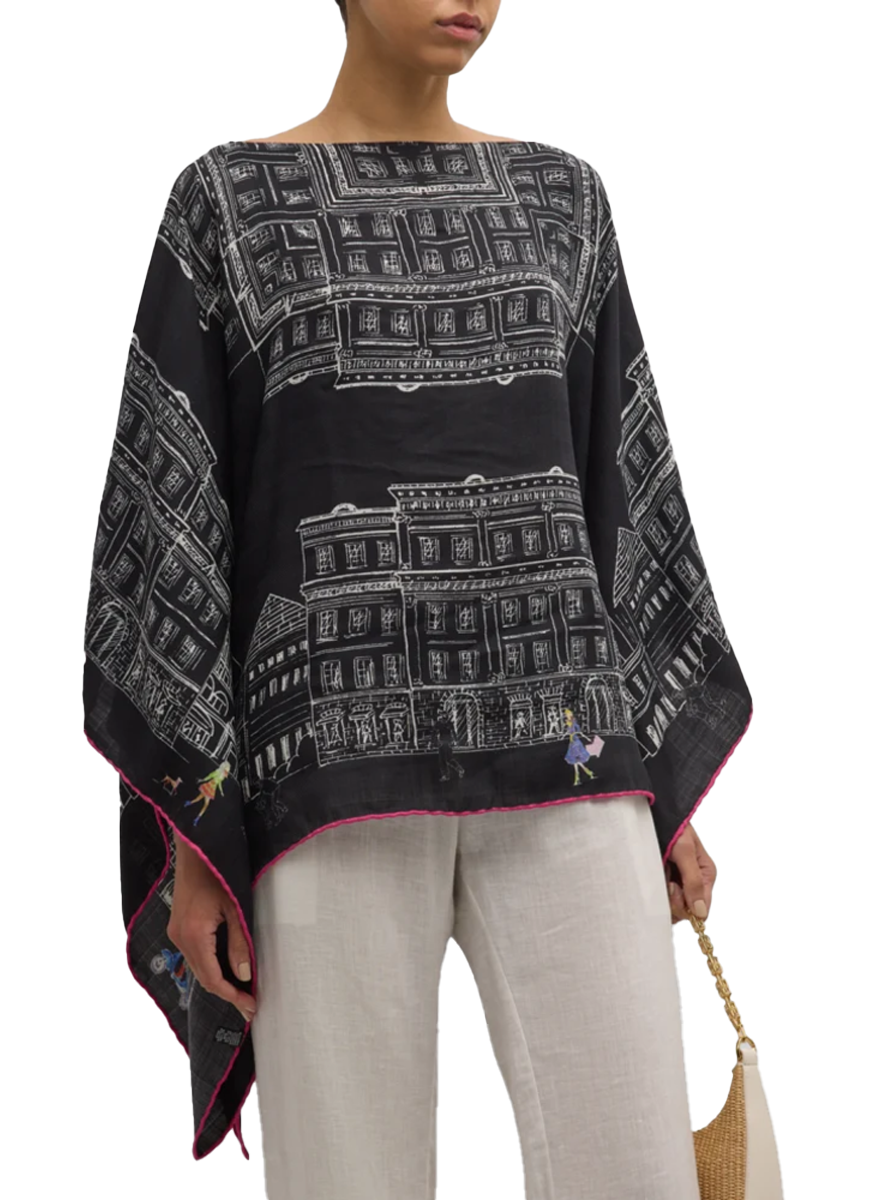 Cashmere Printed Poncho Asti in Black