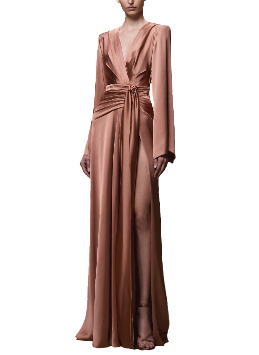 Satin V-Neck Long Sleeve Gown