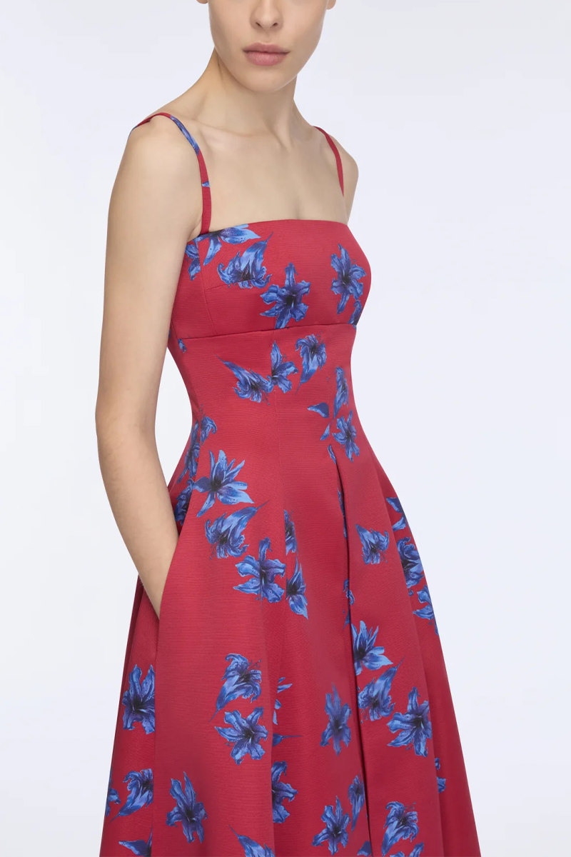 Oceana Dress In Red & Blue Festive Lillies Taffeta Faille - Emilia Wickstead