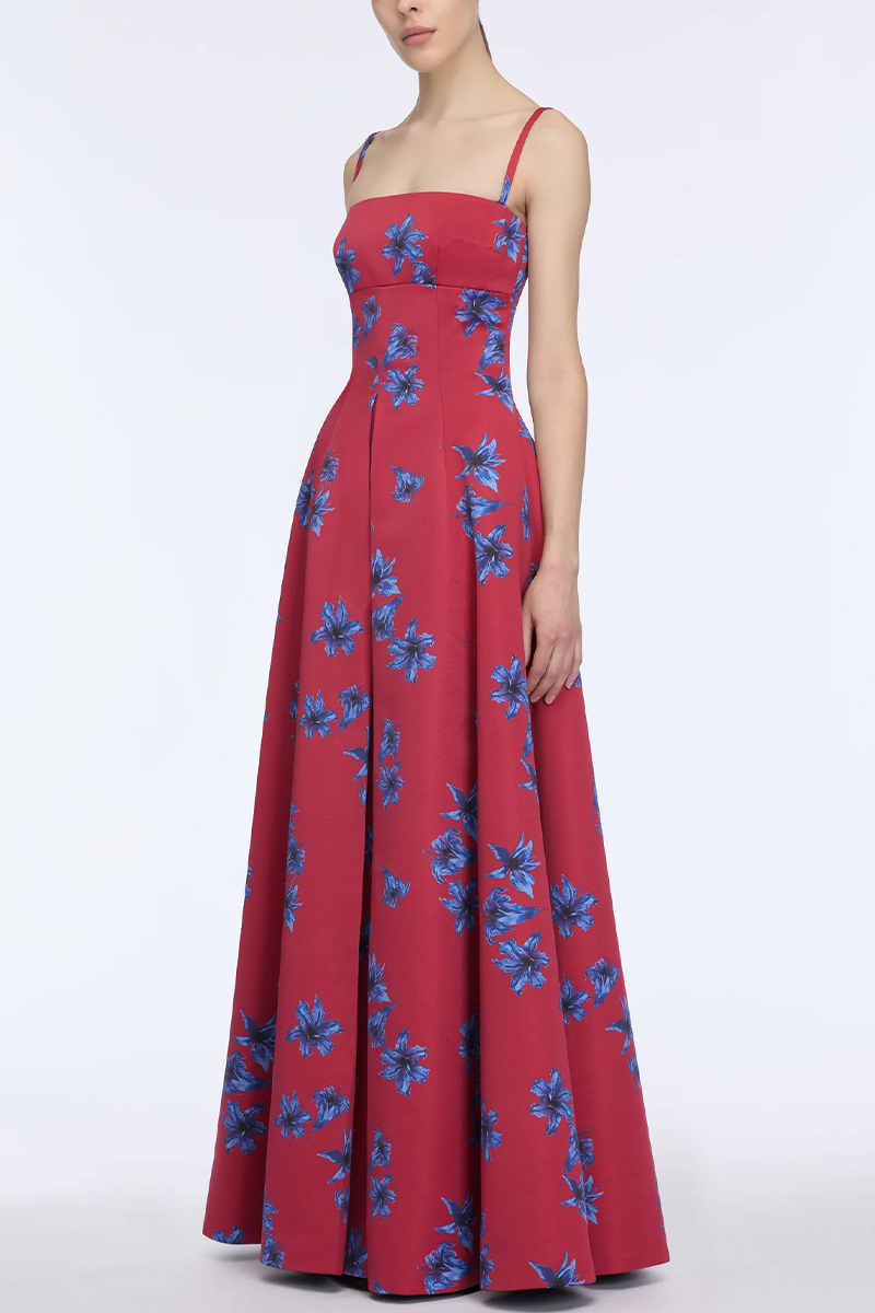Oceana Dress In Red & Blue Festive Lillies Taffeta Faille - Emilia Wickstead