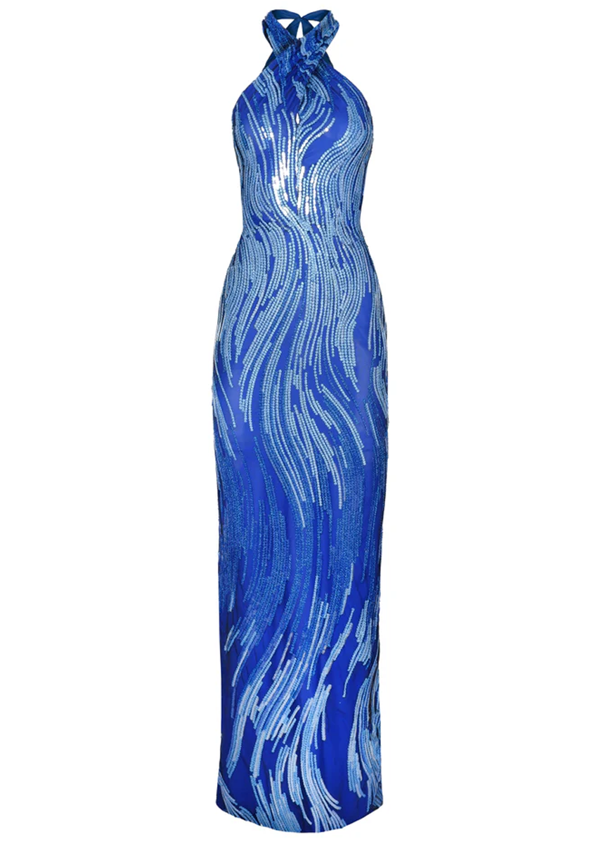 Abstract Sequin Criss-Cross Neck Column Gown