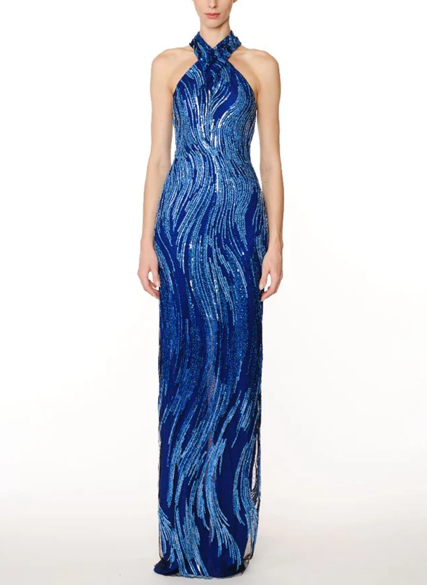 Abstract Sequin Criss-Cross Neck Column Gown - Naeem Khan