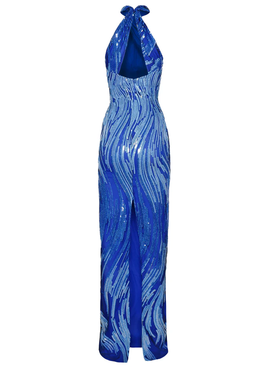 Abstract Sequin Criss-Cross Neck Column Gown