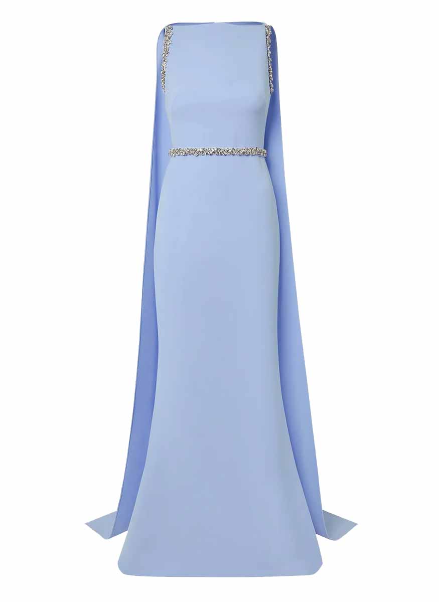 Ginevra Gown with Crystal Trim in Carolina Blue Heavy Crepe