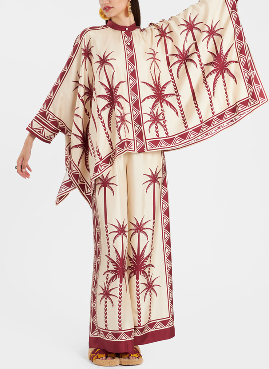Palazzo Pants Date Palms Placée Ivory in Silk Twill - La DoubleJ
