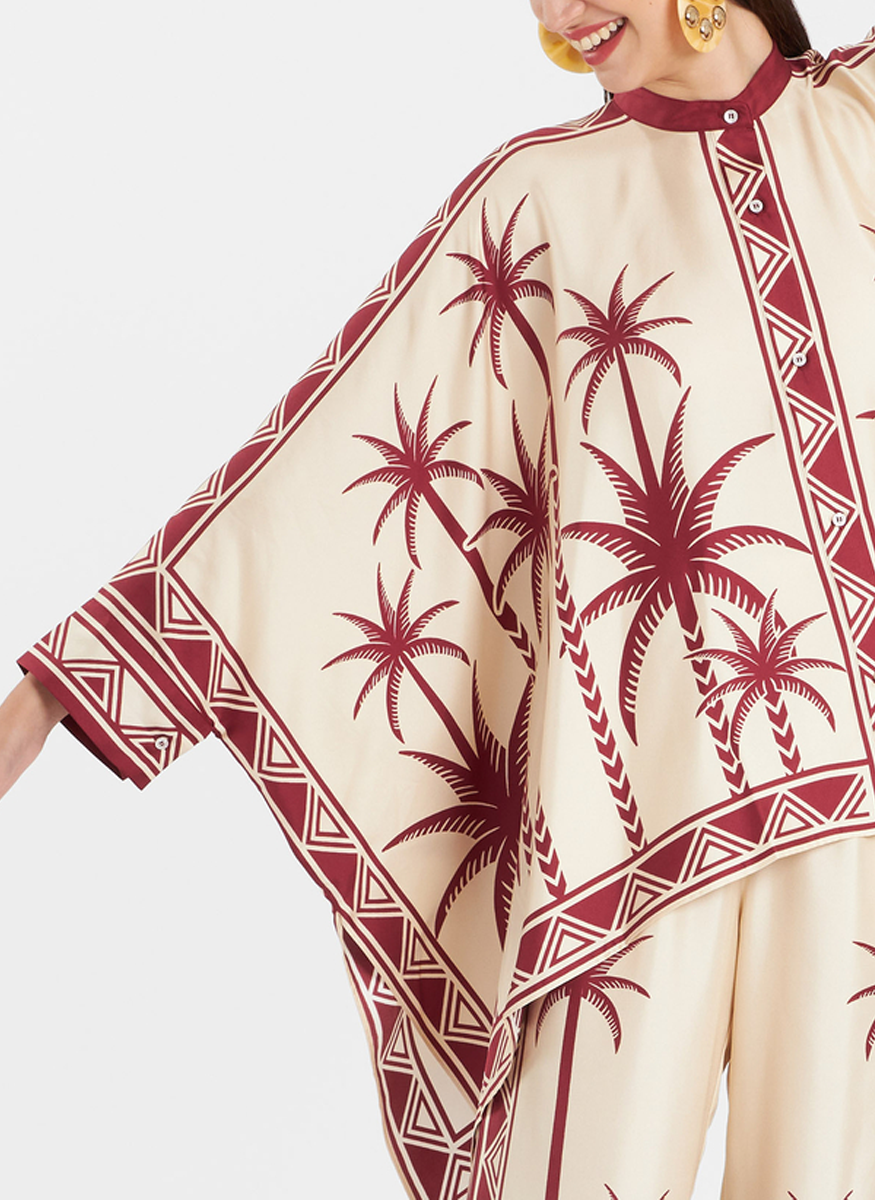 Foulard Shirt Date Palms Placée Ivory in Silk Twill - La DoubleJ