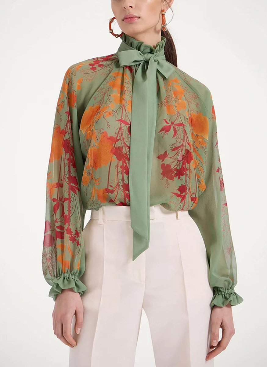 Cerere Blouse Woodland Placée Camouflage in Silk Chiffon - La DoubleJ