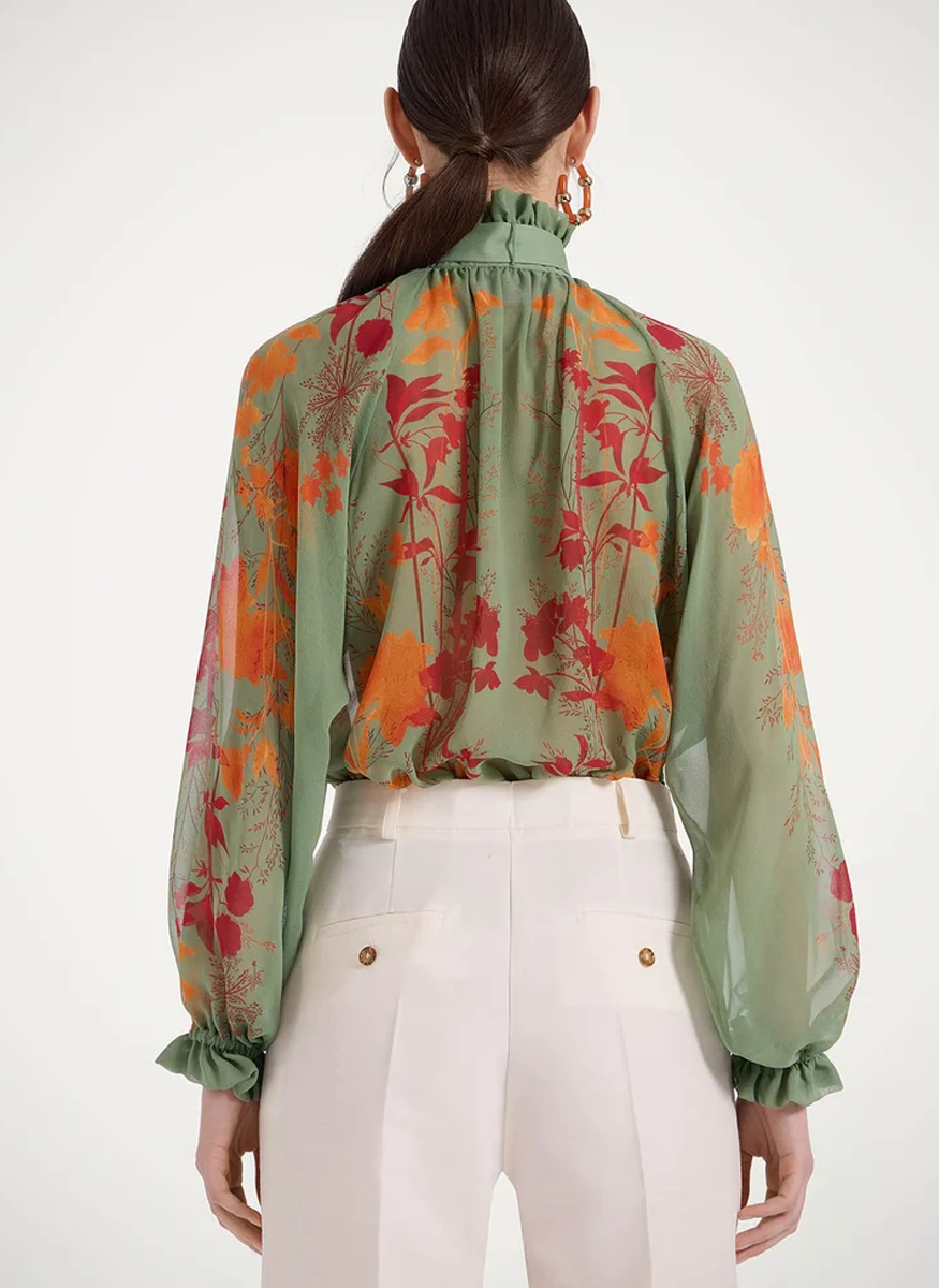 Cerere Blouse Woodland Placée Camouflage in Silk Chiffon - La DoubleJ