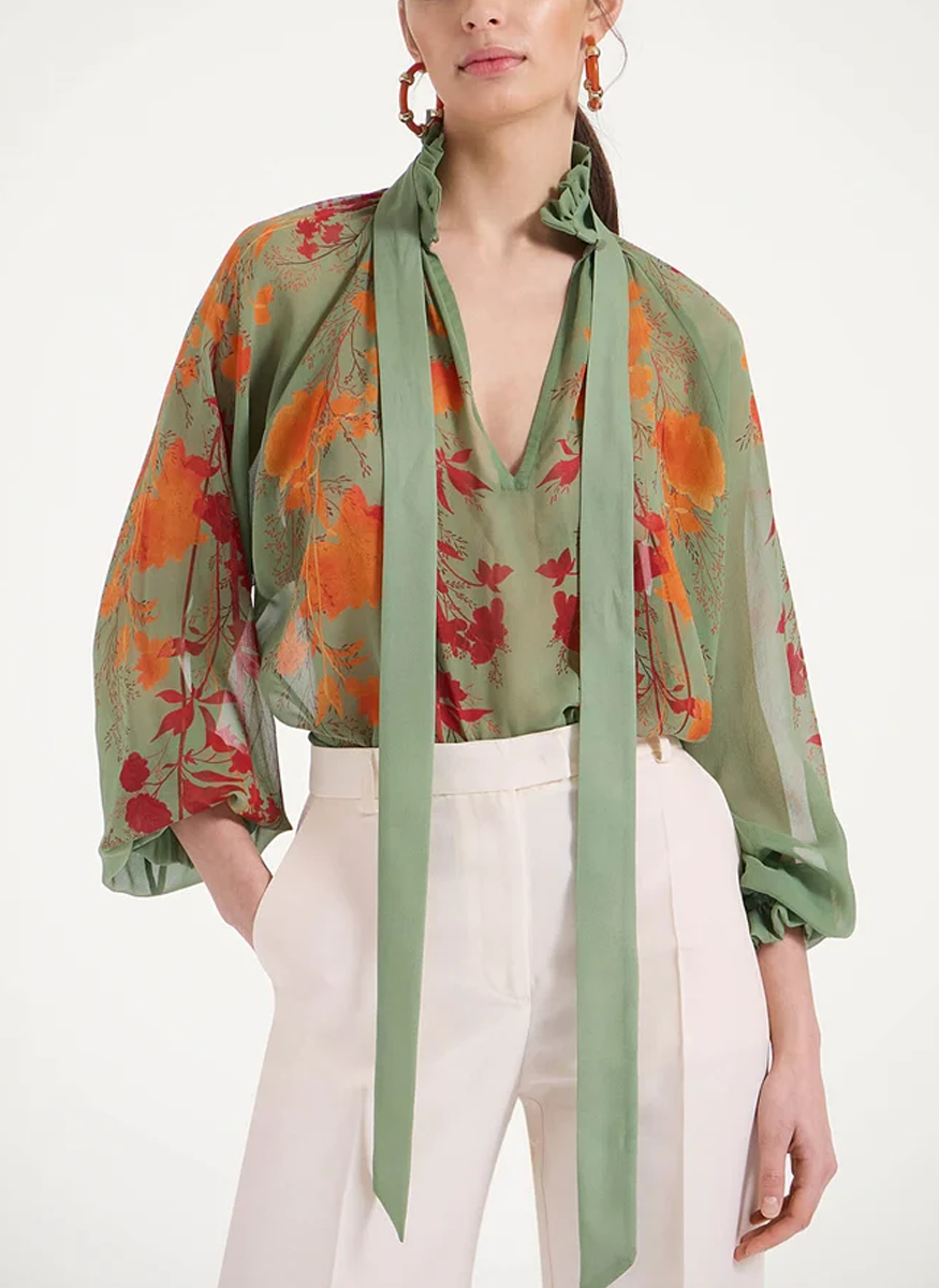 Cerere Blouse Woodland Placée Camouflage in Silk Chiffon - La DoubleJ