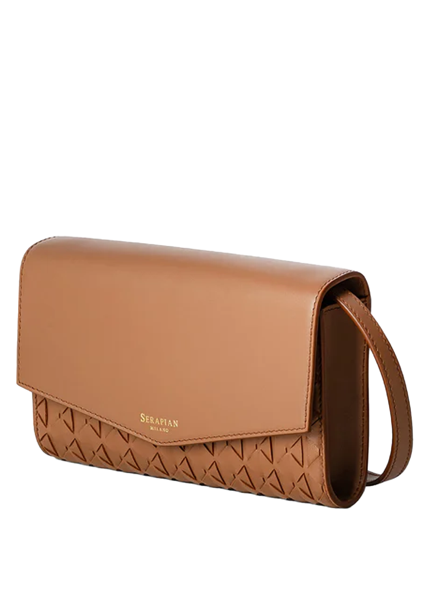 Clutch with Shoulder Strap in Tan Mosaico - Serapian