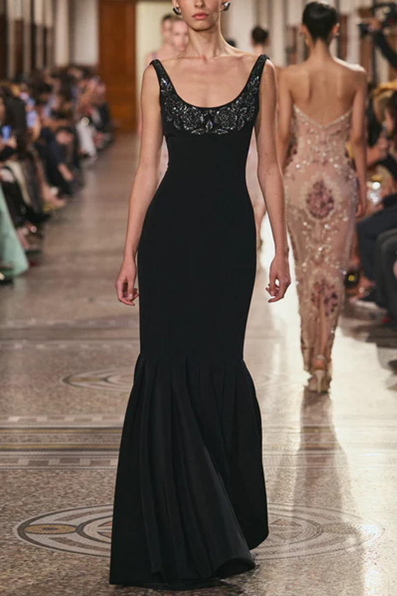 Crepe Gown with Embellished Bust
