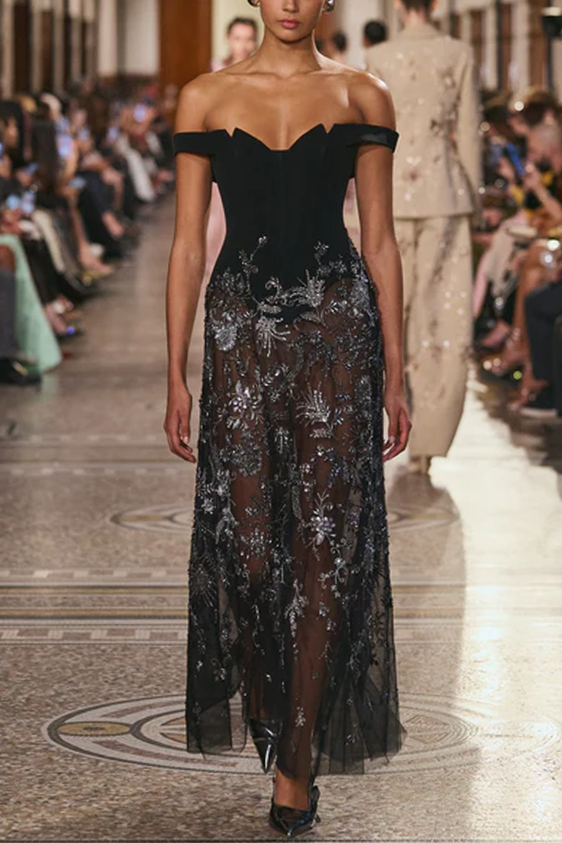 Off Shoulder Crepe Corset with Beaded Tulle Skirt